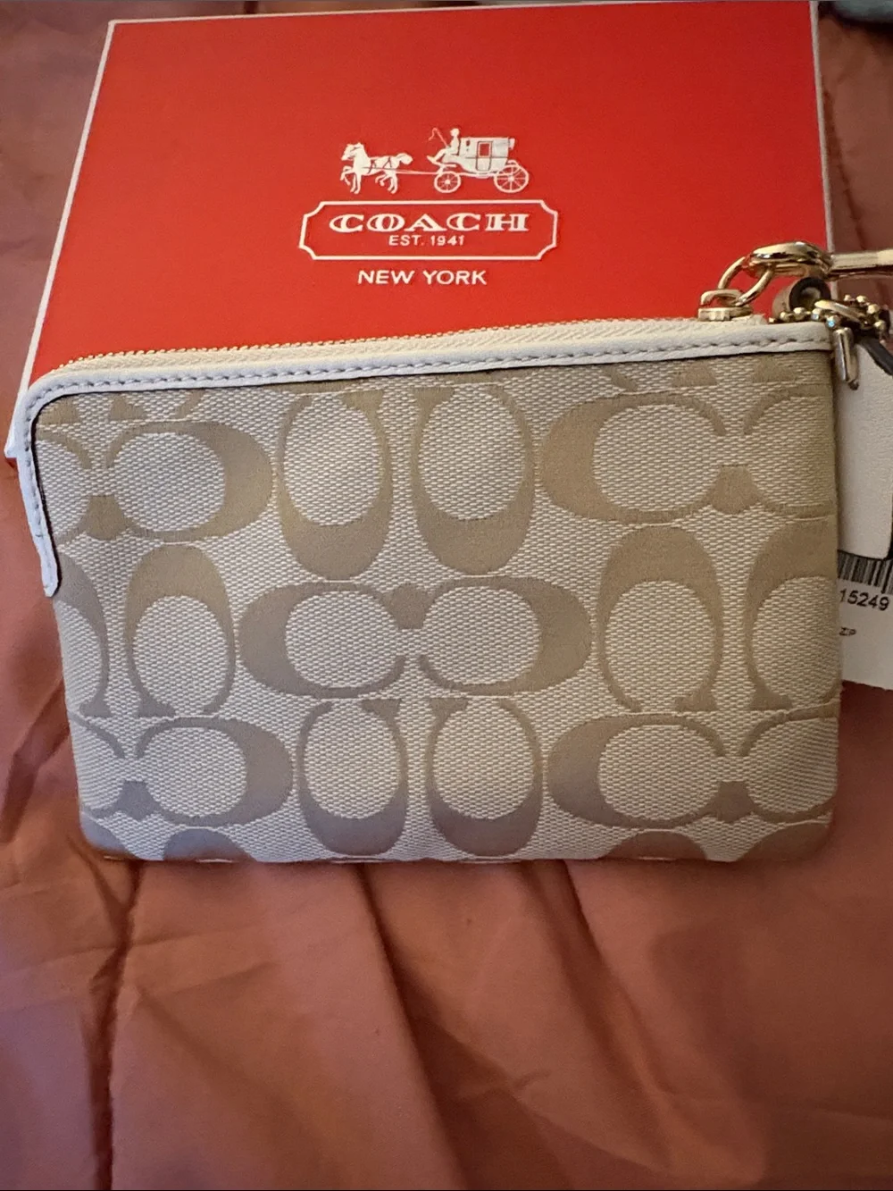 Coach Beige Signature Zip Wristlet with Gold Hardware